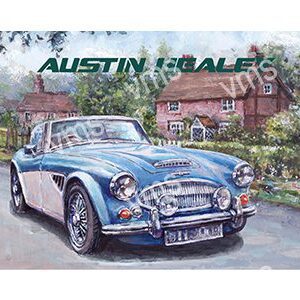 Classic blue Austin Healey convertible parked in front of a rustic house.