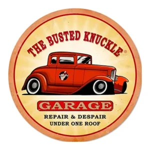Vintage red car logo for The Busted Knuckle Garage.