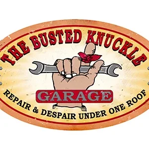 Logo of The Busted Knuckle Garage with a hand holding a wrench.