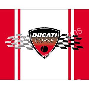 Ducati Corse logo with checkered racing flags on a red and white background.