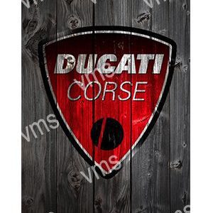 Ducati Corse logo on a wooden background.