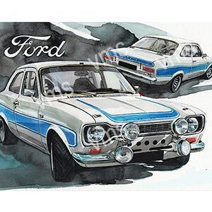 Classic Ford cars with racing stripes in a detailed illustration.