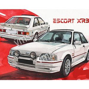 Two white Ford Escort XR3 cars showcased against a red background.
