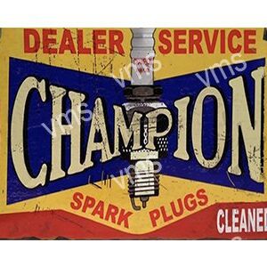 Vintage Champion spark plugs dealer service sign with bold lettering.