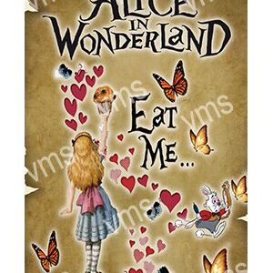 Alice in Wonderland themed poster with hearts and butterflies.