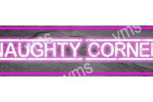 A neon sign reading 'NAUGHTY CORNER' in bright pink.