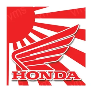 Red Honda wings logo with rising sun background.