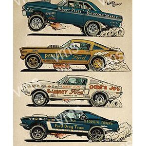 Vintage drag racing cars in colorful, detailed illustrations.