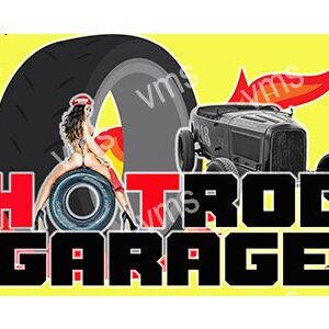 Hot Rod Garage logo with a person and a car engine.