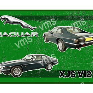 Classic Jaguar XJS V12 car images on green background.