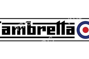 Black and white logo of the word 'Lambretta' with horizontal stripes.