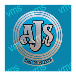 Vintage AJS London motorcycle logo on blue background.