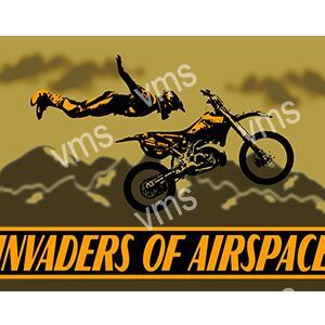 Two motocross riders performing mid-air stunts over a dirt bike with 'Invaders of Airspace' text.