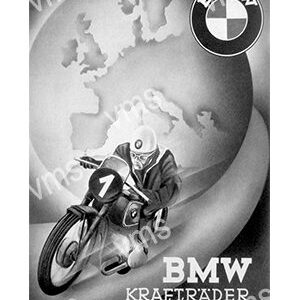 Vintage BMW motorcycle racing advertisement with a rider in front of a globe.