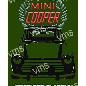 Vintage Mini Cooper car illustration with bold retro text on green background.