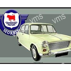 Classic Morris car in cream color with vintage logo background.