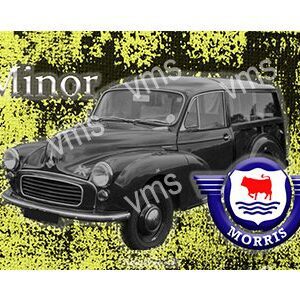 Vintage black Morris Minor car parked outdoors with a badge and floral background.