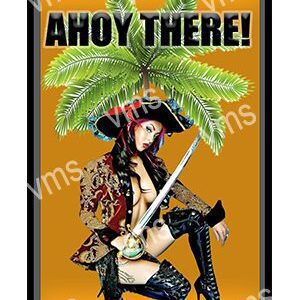 Pirate woman with sword under palm tree, saying 'Ahoy There!'.