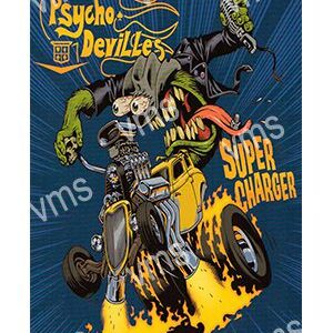 Psycho DeVilles cartoon biker with a supercharged motorcycle.