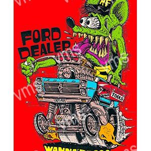 Cartoon rat driving a hot rod with 'Ford Dealers' text on a red background.
