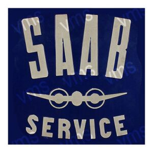 Vintage SAAB Service sign with propeller graphic on blue background.