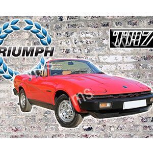 Red Triumph sports car with vintage design against a textured background.