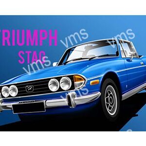 A blue Triumph Stag convertible car illustrated on a blue background.