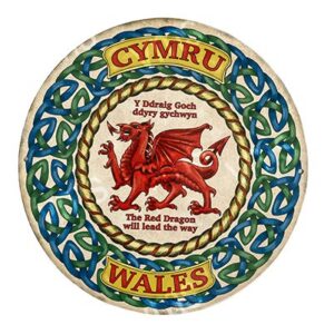 A round Welsh emblem featuring a red dragon and text.