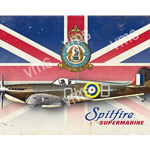 Illustration of a Spitfire Supermarine fighter plane with British emblem and flag.