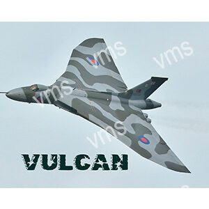 A Vulcan bomber aircraft in flight with camouflage paint.