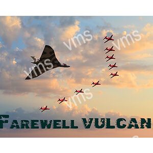 Vulcan bomber flies with jets at sunset, saying farewell.