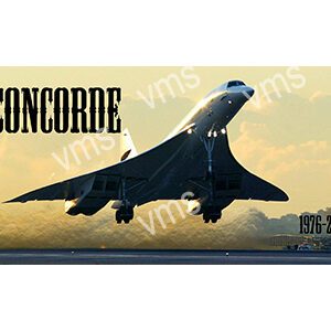Concorde supersonic passenger jet taking off at sunset.