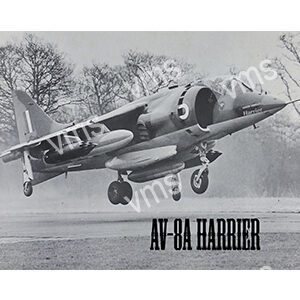 Black and white photo of an AV-8A Harrier jet in flight.