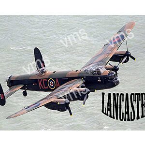 A vintage Lancaster bomber aircraft in flight over water.