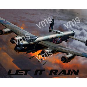 Vintage bomber plane flying amid dark clouds with text 'Let It Rain'.