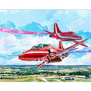 Red aerobatic planes performing a smoke trail display.