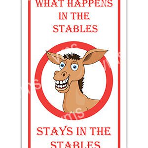 Cartoon donkey with humorous text about stables.