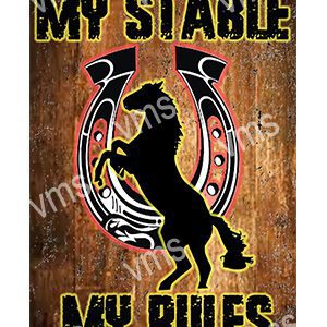 Rustic sign featuring a horse silhouette and horseshoes with text about a stable.