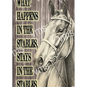 Artistic horse portrait with a humorous stable-themed quote.