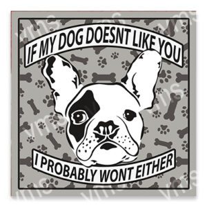 A black and white dog illustration with a humorous message about liking people.