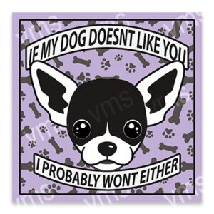 A humorous sign featuring a Boston Terrier and a cheeky message about dogs disliking people.