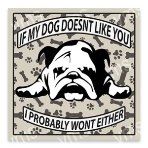 A humorous sign with a dog's face and a sarcastic message about liking people.