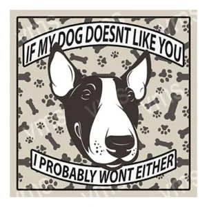 Black and white dog with humorous text about dog approval.