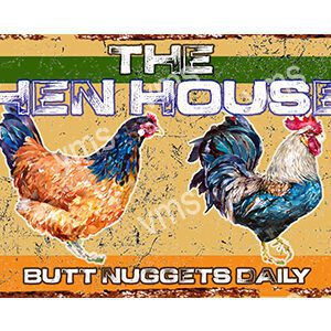 Humorous sign featuring roosters and the phrase 'Butt Nuggets Rally'.