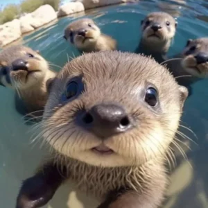 Close-up of curious otters swimming and looking at the camera.