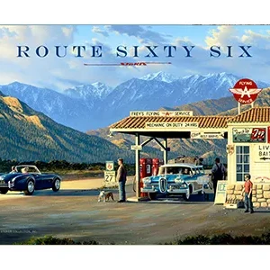 A vintage gas station on a scenic mountain road at sunset.