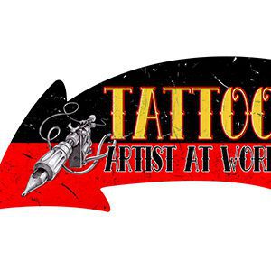 Tattoo artist logo featuring a tattoo machine and bold text.