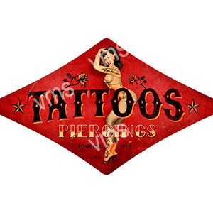 Vintage pin-up girl tattoo logo with bold text on red background.