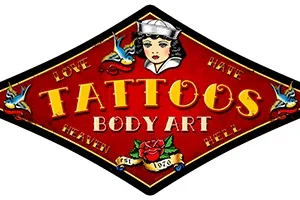 Vintage tattoo shop sign with classic sailor and heart designs.