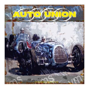 Classic Auto Union race car painting with bold colors and dynamic strokes.